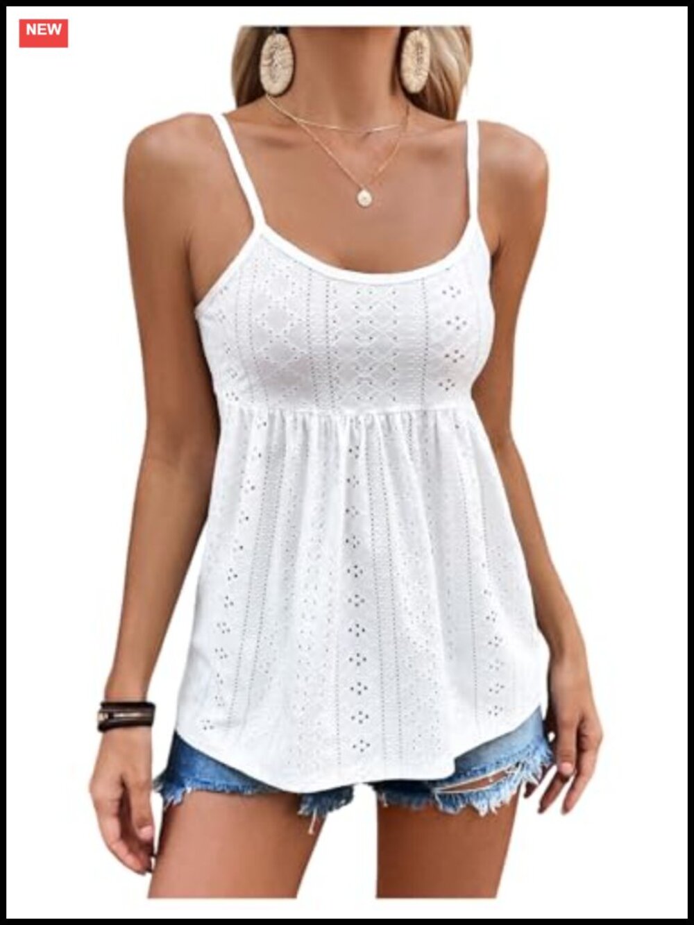 Women's Spaghetti Strap Eyelet Peplum Tank Top Sleeveless Summer Cami